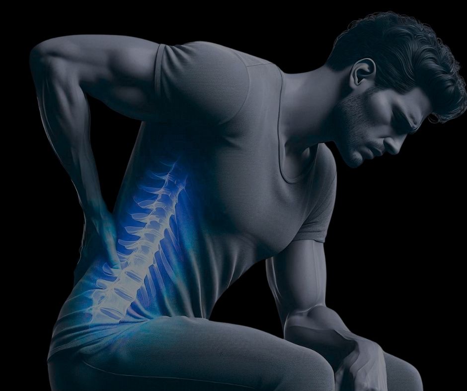 Man clutching his lower back while seated in a softly lit room, showing discomfort and tension